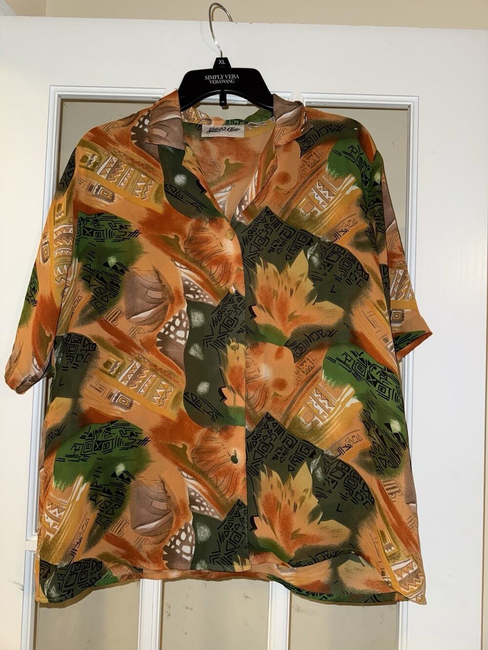 Yves St Clair Women’s Hawaiian Orange Green Blouse Buttoned Travel Vacation 14